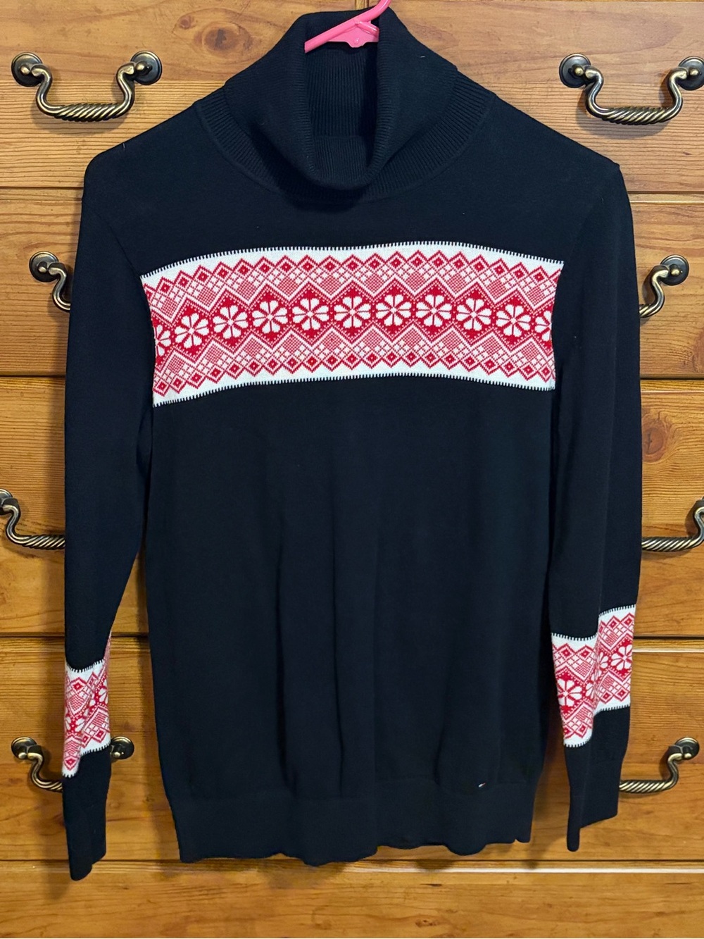 Tommy Hilfiger Black Turtleneck Sweater with Red and White Fair Isle Band
